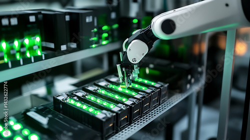 A robotic arm assembling high performance lithium ion batteries in a sustainable energy storage lab, AI-driven technology ensuring precise energy storage, Energy-tech style