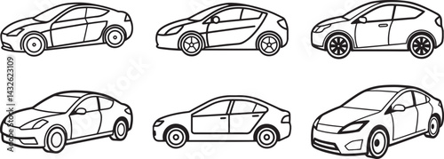 set of electric car line art, black outline, vector and illustration, coloring book page line art drawing