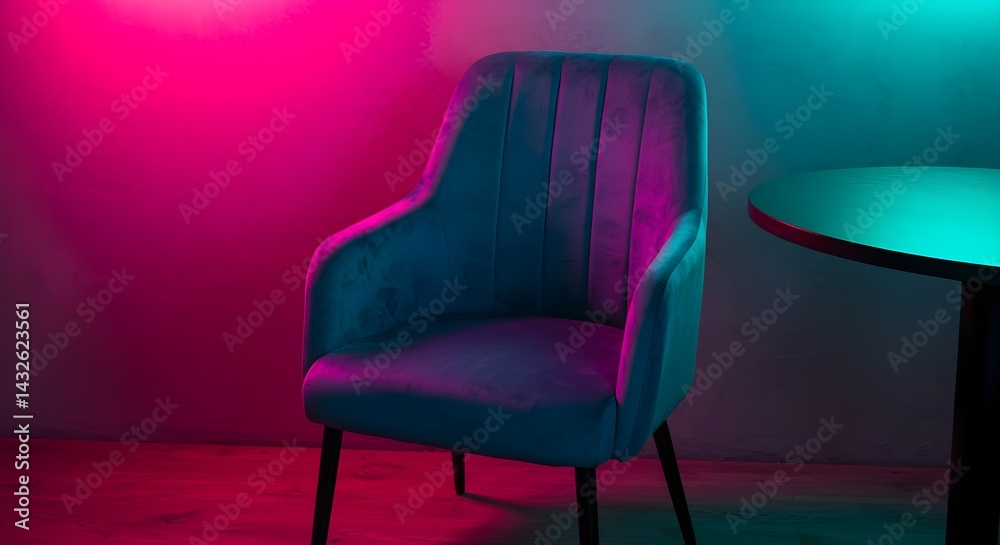 A teal velvet armchair sits in a room with pink and teal neon lighting. The mood is sophisticated and mysterious.