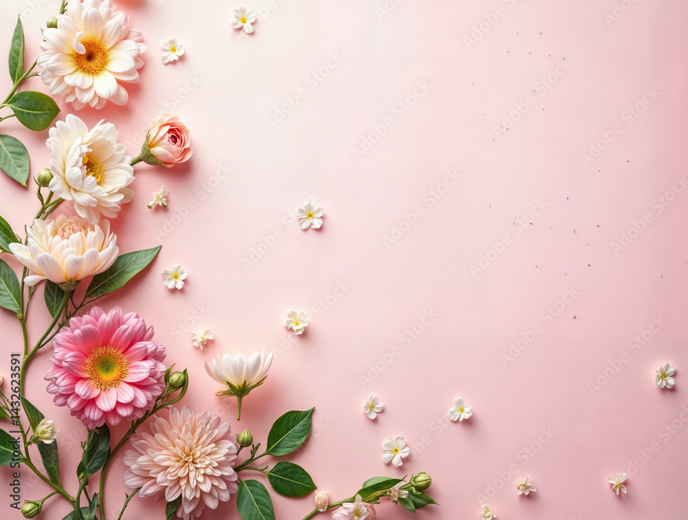 The image features a pink background with a variety of colorful flowers and green leaves scattered across the left side, creating a vibrant and aesthetic composition