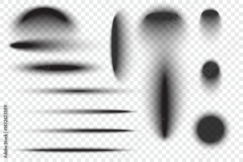 Circle shadows with blurred effect. Realistic oval black transparent drop shapes. Circular gradient shades on floor surface. Dark soft edge ellipses. Vector set