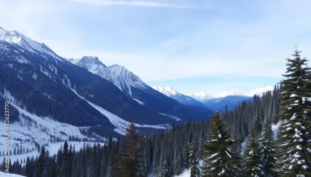 Snowy mountain valley, evergreen trees