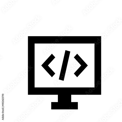 Black and white icon of a computer monitor displaying code symbols in a simple vector graphic style