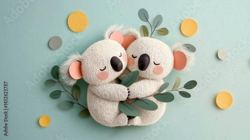Cute Koalas Embracing with Leaves on Pastel Background