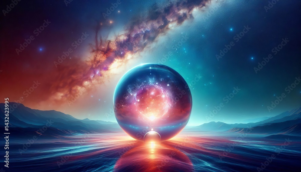 Milky Way Sphere positioned against a vibrant image of the Milky Milky Way Sphere positioned against a vibrant image of the Milky