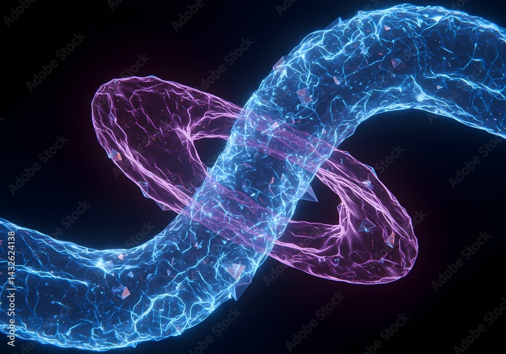 Abstract artwork featuring intertwined glowing blue and purple strands, creating a dynamic and futuristic visual.