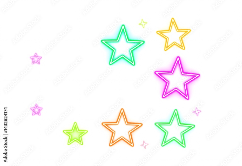 Obraz premium Bright Neon Stars on White Background. A festive collection of vibrant neon stars in various colors against a clean white background