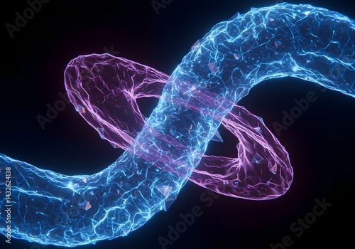 Abstract artwork featuring intertwined glowing blue and purple strands, creating a dynamic and futuristic visual.