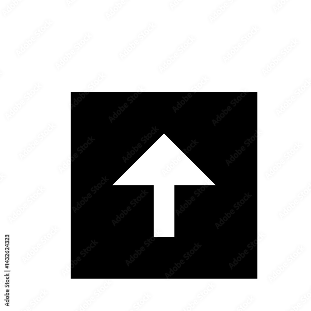 A white arrow pointing upwards on a black square background in a simple and minimalist style graphic design A white arrow pointing upwards on a black square background in a simple and minimalist style graphic design
