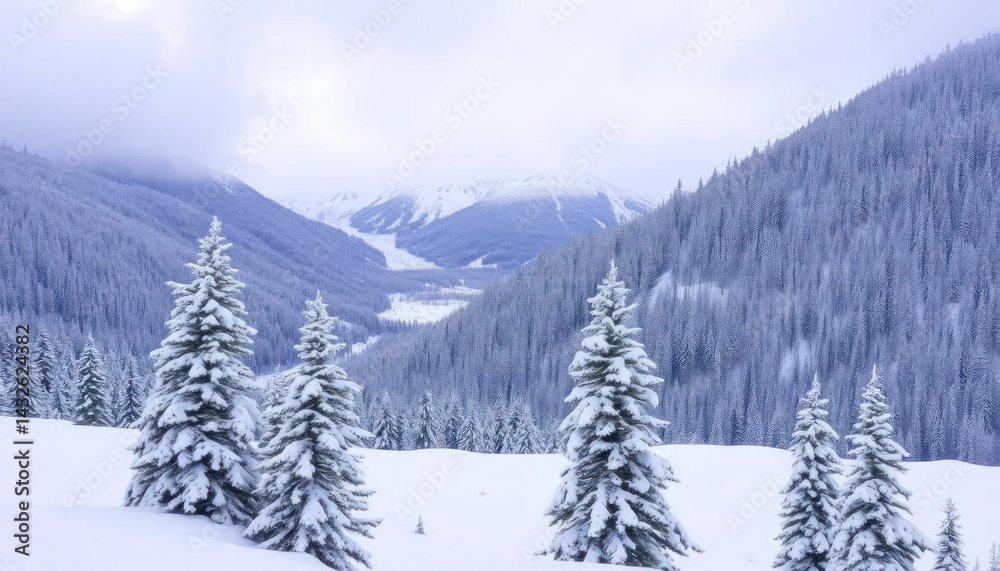 Snowy mountain valley with fir trees Snowy mountain valley with fir trees