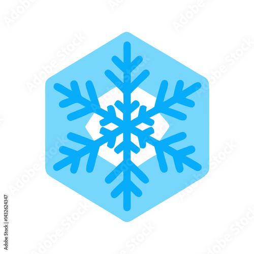 Blue snowflake icon with hexagon, winter season symbol