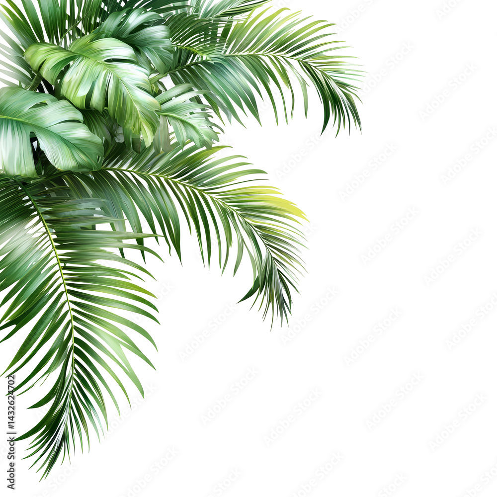 Naklejka premium Lush green palm tree leaves contrasting beautifully against a clean transparent background for a tropical feel, Green leaves of palm tree on transparent backgroundfile