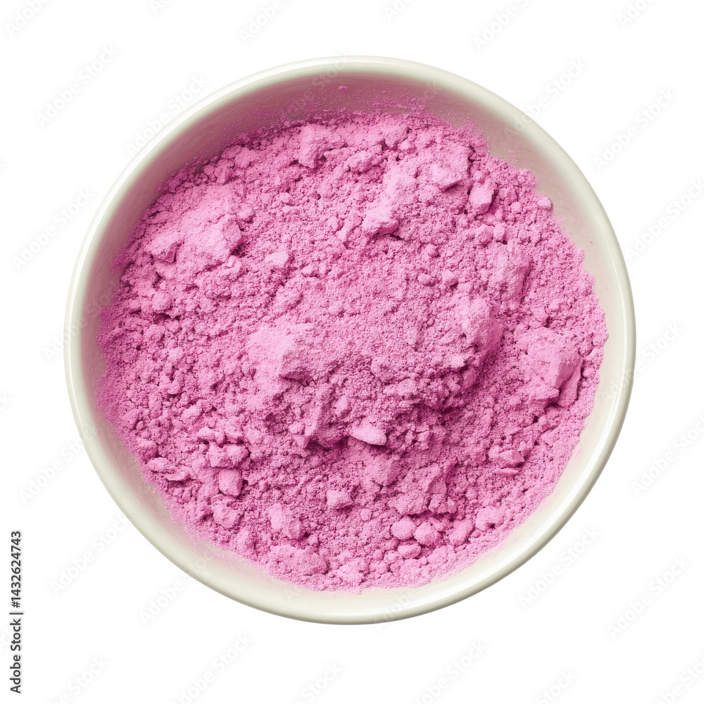 A top down view of a white bowl filled with bright pink powder sitting on a plain white background A top down view of a white bowl filled with bright pink powder sitting on a plain white background