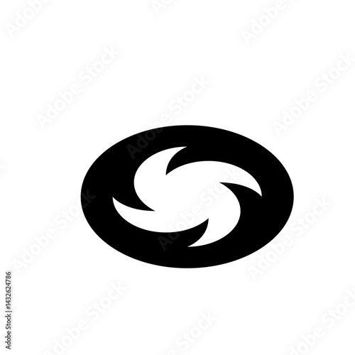 A black circle with three white crescent shapes rotating inward creating a spiral design centered inside it