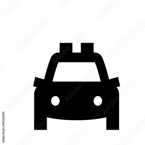Illustration of a black silhouette of a taxi car viewed from the front with lights on top design icon