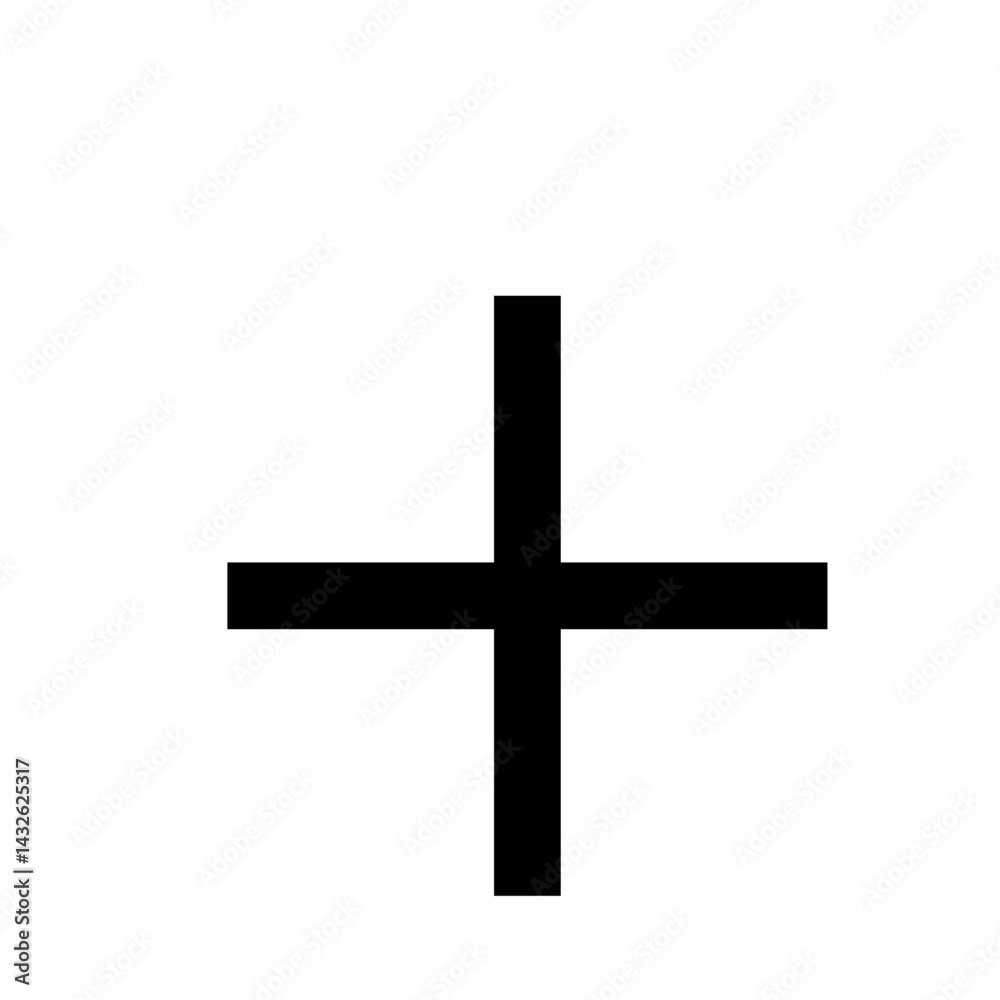 A simple black plus sign with equal length arms centered on a white background for graphic design use A simple black plus sign with equal length arms centered on a white background for graphic design use