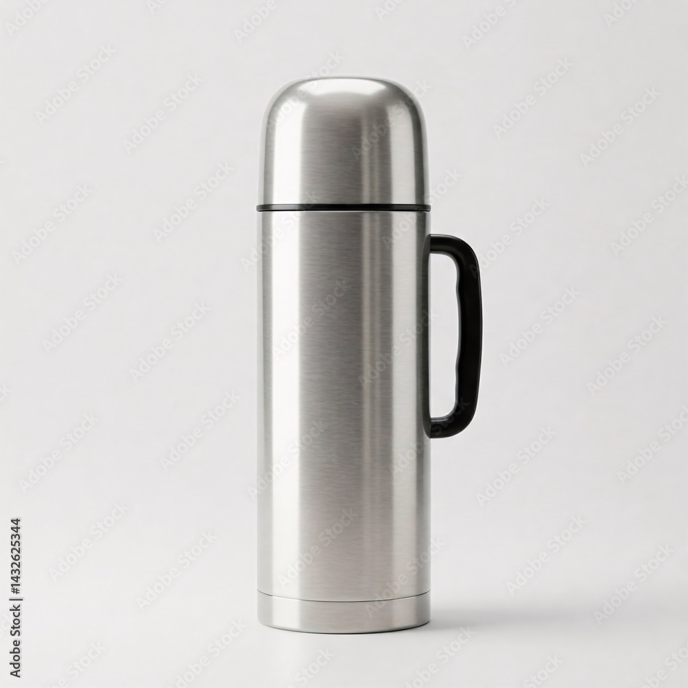 Metal thermos isolated on a white background. 3d rendering. Metal thermos isolated on a white background. 3d rendering.