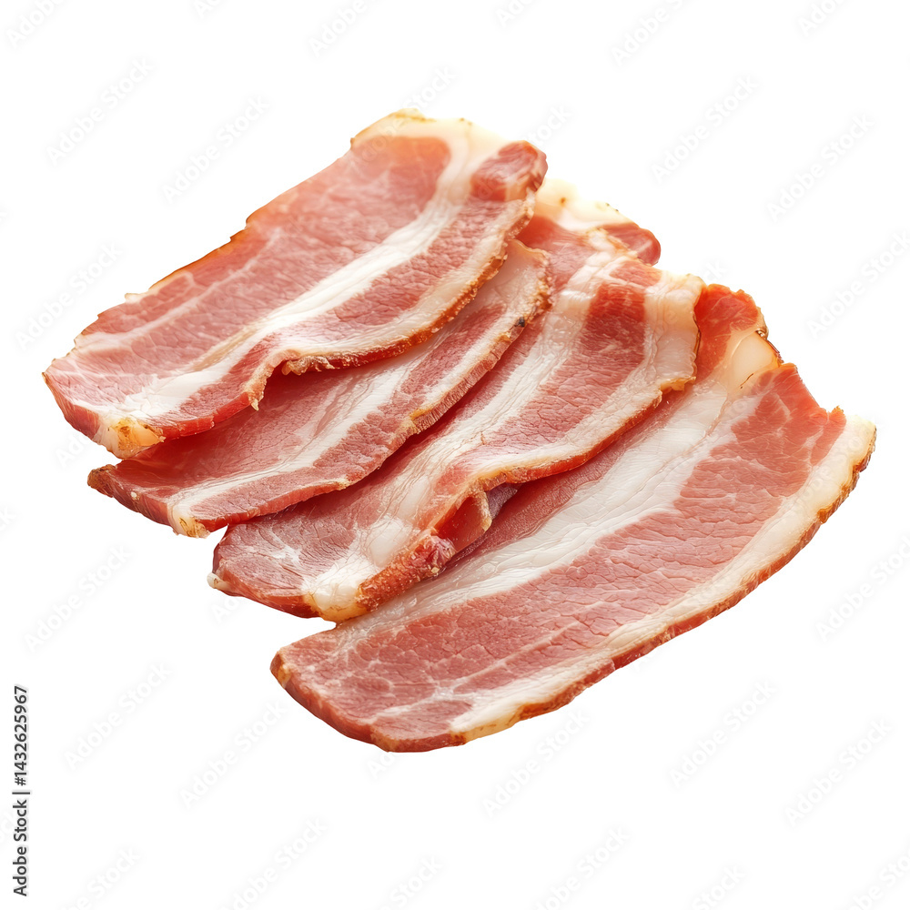 Fresh raw bacon slices laid out on a clean transparent background ready for cooking and culinary preparation, Raw bacon slices isolated on transparent background Fresh raw bacon slices laid out on a clean transparent background ready for cooking and culinary preparation, Raw bacon slices isolated on transparent background