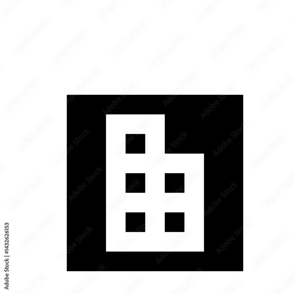 A black square containing a white shape resembling a building with six square windows formed by lines A black square containing a white shape resembling a building with six square windows formed by lines