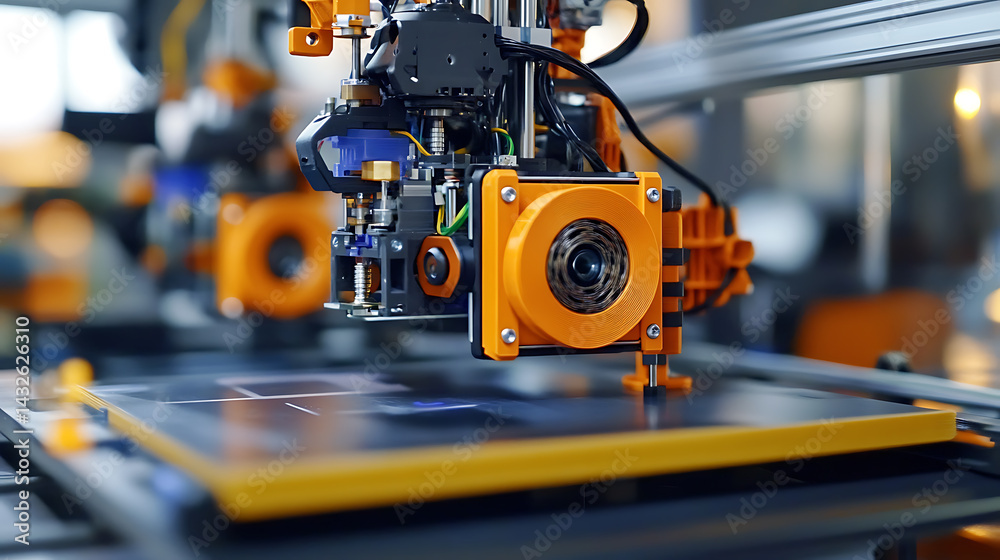 Fototapeta premium A robotic arm assembling high speed AI powered 3D printers for large scale manufacturing in a tech lab, optimizing precision and material usage for industrial 3D printing, Manufacturing-tech style