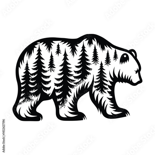 Silhouette Bear Shape Filled with Dense Evergreen Forest Trees, Wilderness Concept