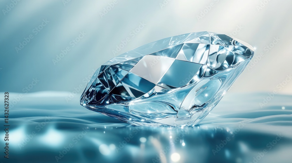 Sparkling Diamond on Reflective Surface with Light Blue Background Sparkling Diamond on Reflective Surface with Light Blue Background