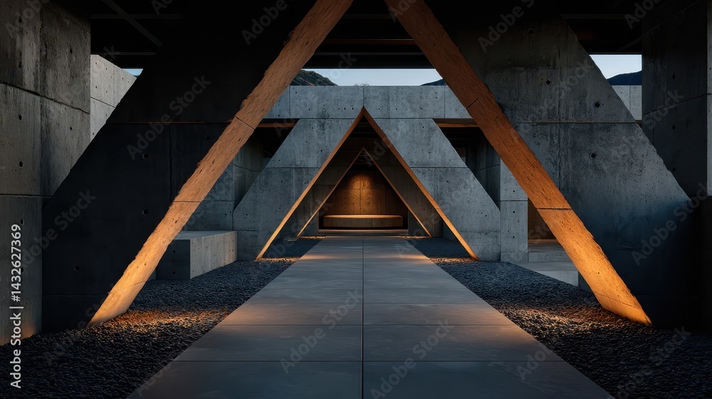 Fototapeta premium Modern concrete passageway with wood accents at twilight.