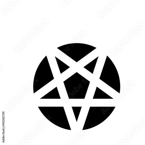 White pentagram symbol inside a black circle with five pointed star and geometric shapes design element