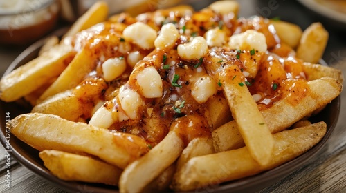 Classic poutine featuring crispy french fries, fresh cheese curds and gravy