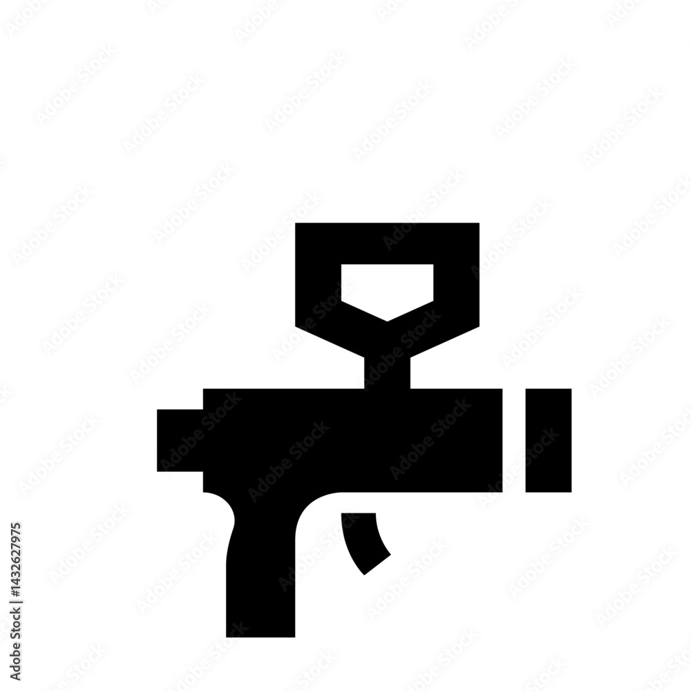 A black silhouette of a toy gun with a blocky design and simple features on a white background view A black silhouette of a toy gun with a blocky design and simple features on a white background view