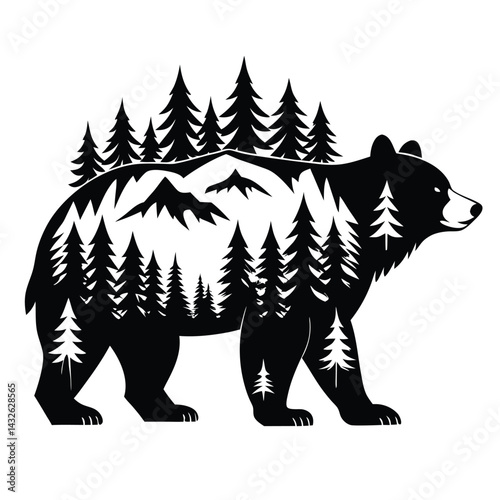 Silhouette of a Bear with Forest Landscape, Wildlife Nature, Outdoor Adventure Theme