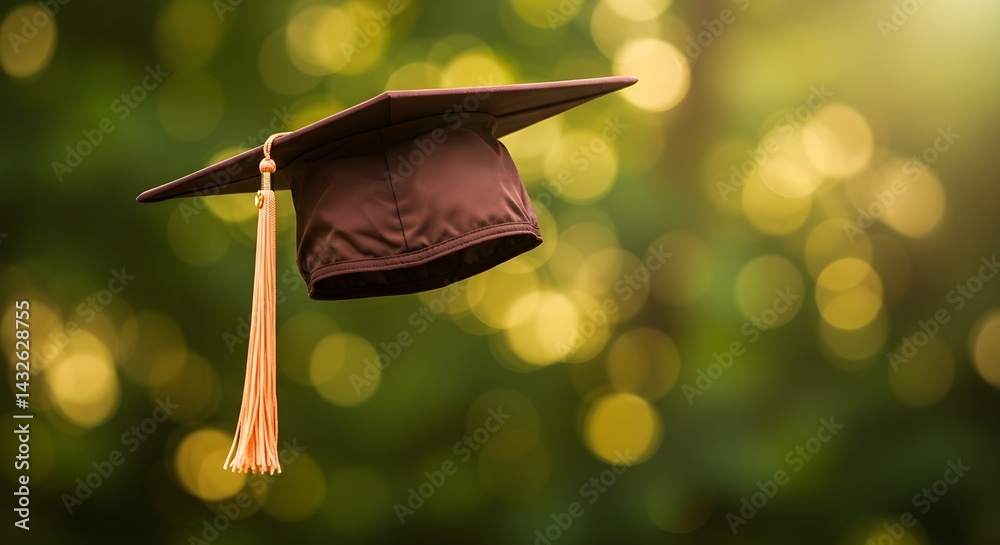 A maroon graduation cap with a peach tassel hangs in the air against a bokeh background of green and yellow.