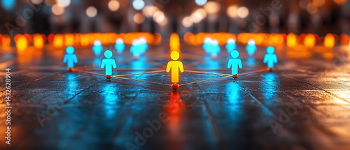 Depicts interconnected figures in network, bathed in blue and orange light