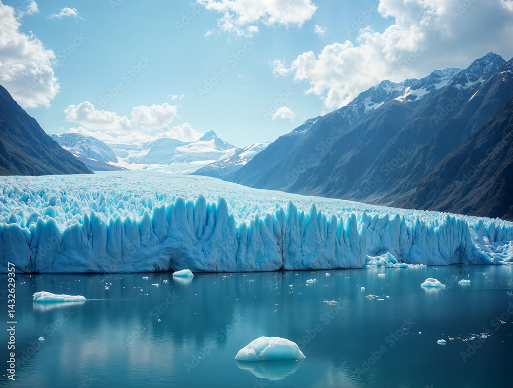 The image features a stunning glacier in a mountainous region, with a clear blue body of water at the foot of the glacier