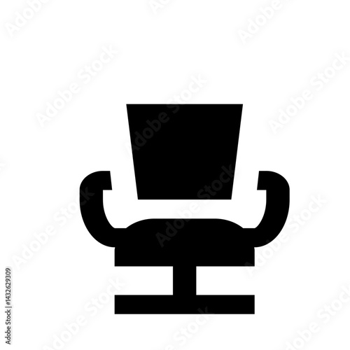 A simple black silhouette of an office chair with armrests and a square back on a white background image