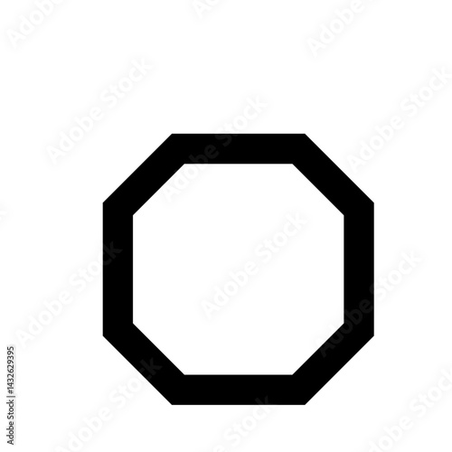Black outline of an octagon shape centered on a white backdrop with clean and crisp edges and a bold design