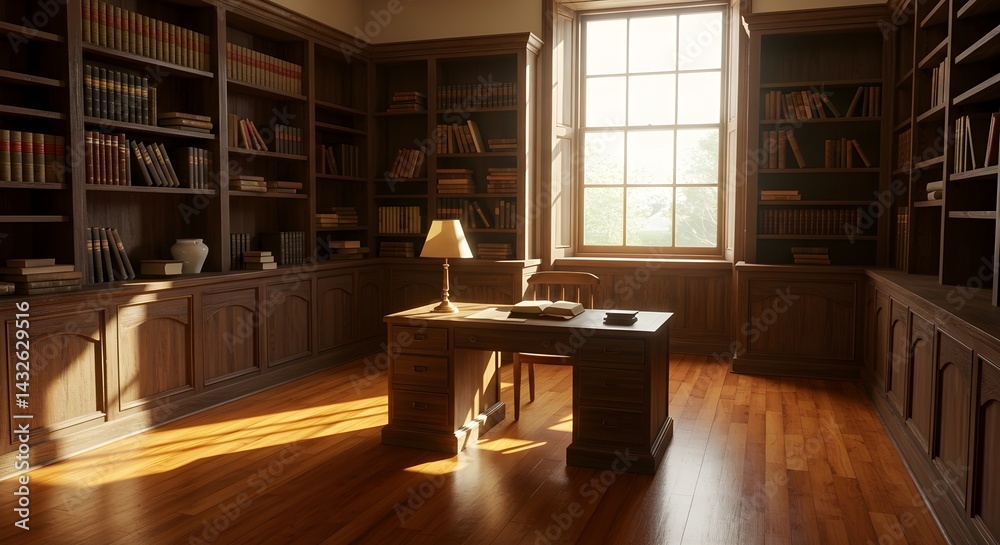 Sunlight streams into a study, illuminating a wooden desk and bookshelves filled with volumes. A peaceful, studious atmosphere.