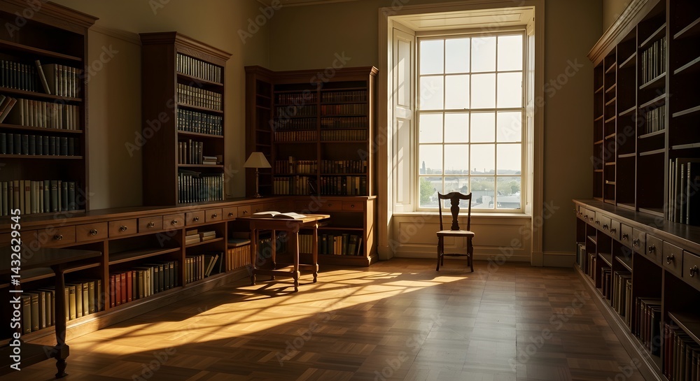 Sunlit library with wooden bookshelves filled with books, a wooden chair, and a small wooden table.