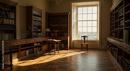 Obraz na płótnie Sunlit library with wooden bookshelves filled with books, a wooden chair, and a small wooden table. w salonie
