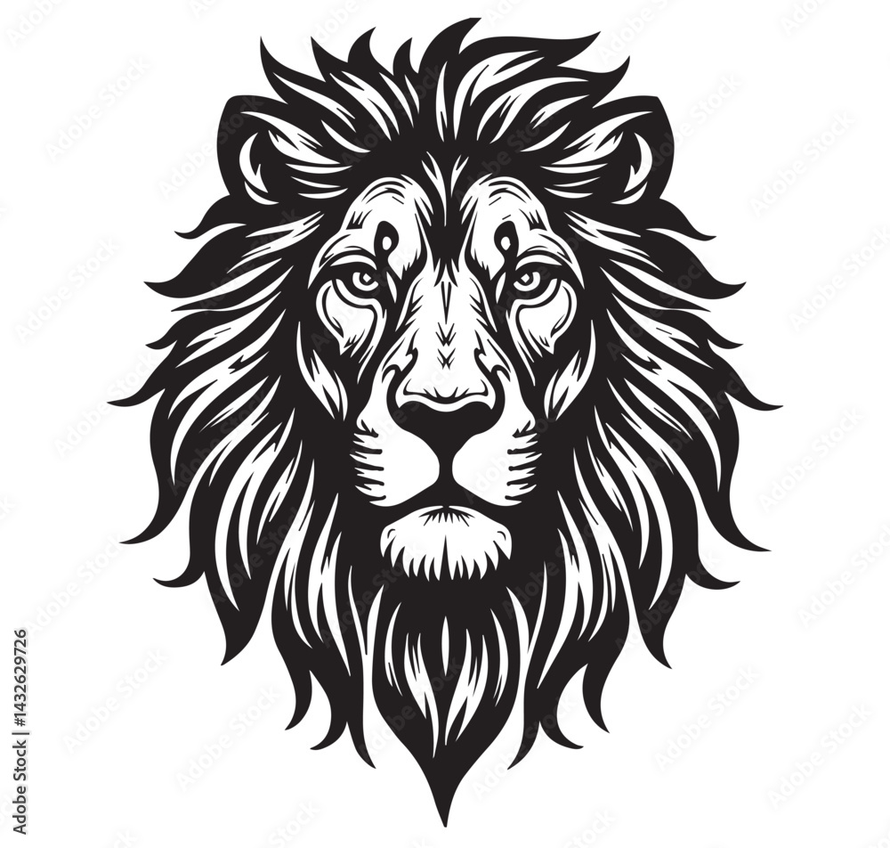 Fototapeta premium This powerful illustration captures the noble essence of a lion through bold, black vector lines against a white background. The lion's mane flows outward in sharp, stylized strands,