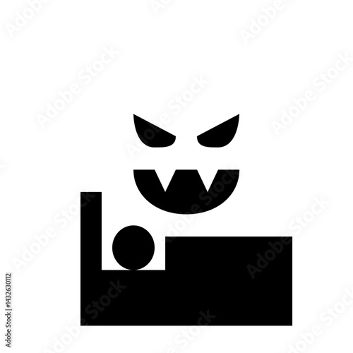 Stylized depiction of a person in bed with a menacing monster face looming above them in black and white