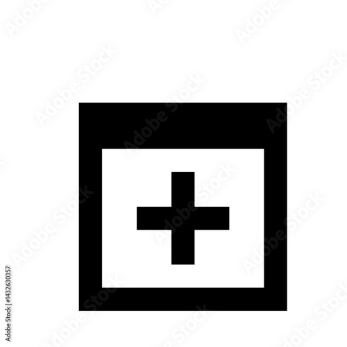 Black plus symbol centered in a white square with a black border around the perimeter of the square