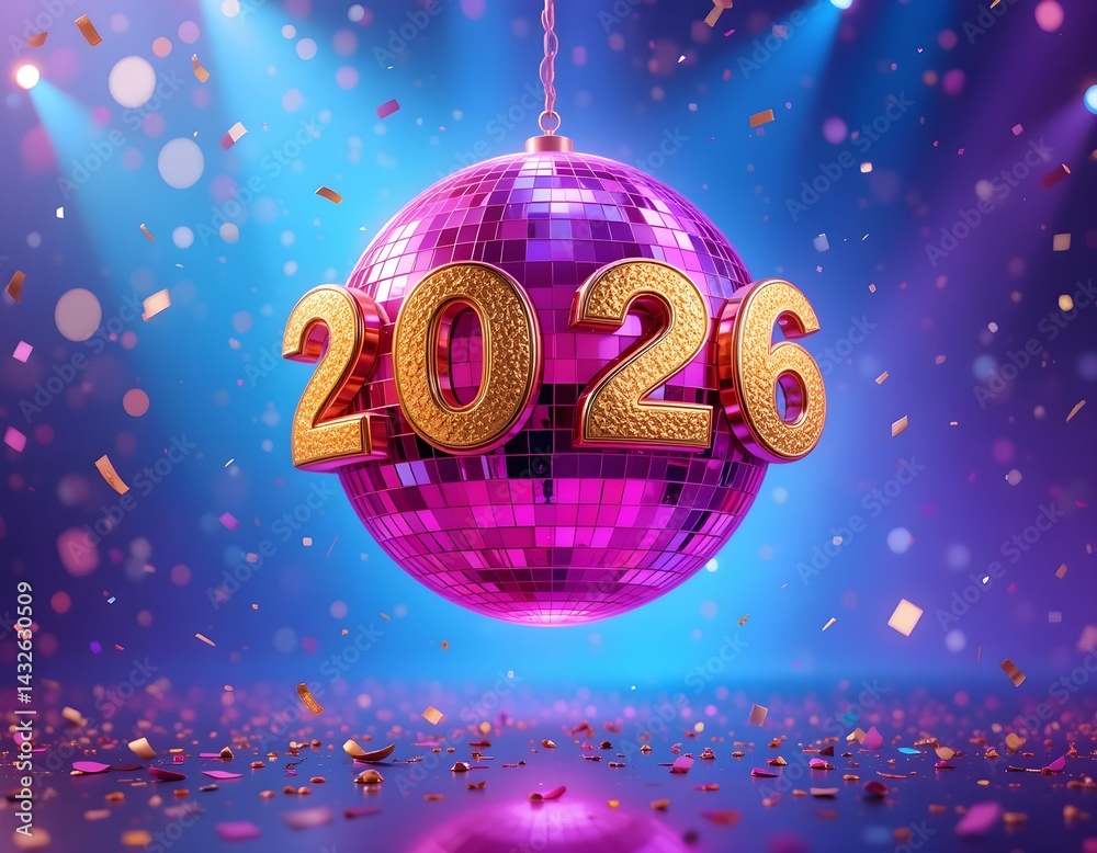 Disco ball celebrating the new year 2026. Pink and gold festive decorations.