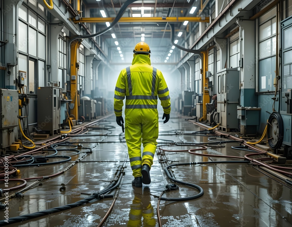 A male worker in a bright yellow safety suit walks through a large industrial facility. The wet floor and machinery reflect the overhead lights.