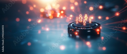 Digital avatar group on a platform, glowing connections and bokeh. Futuristic, abstract design