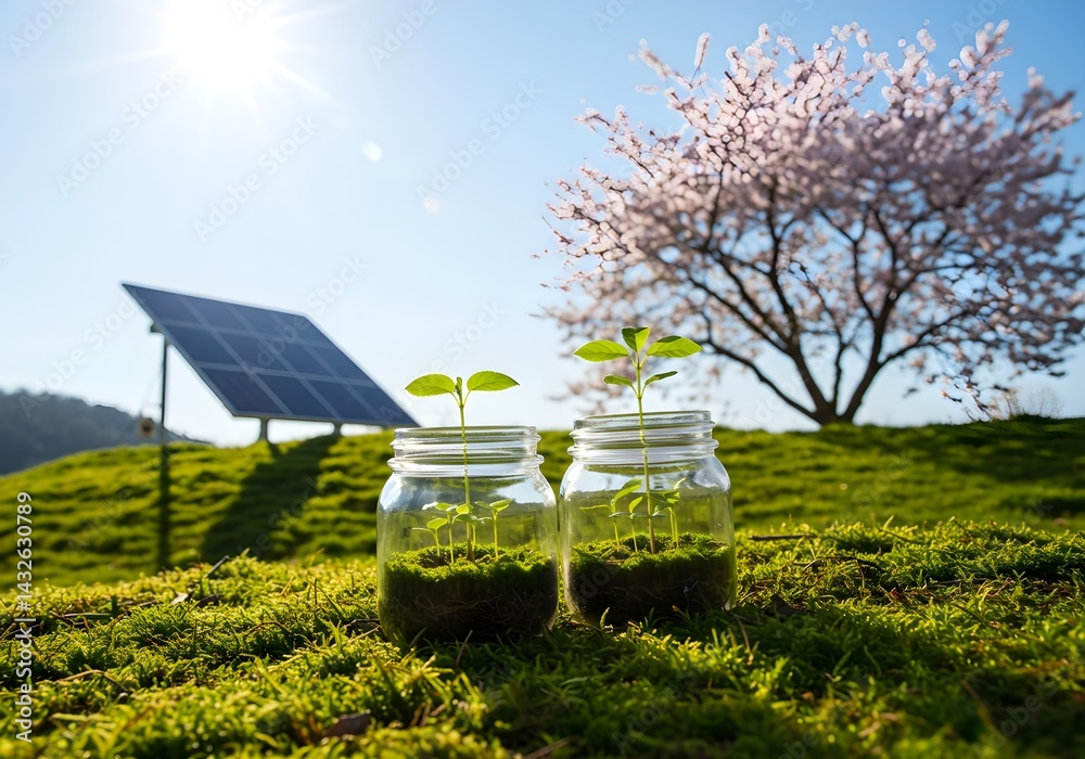 Two young plants sprout in jars, symbolizing growth and sustainability against the backdrop of a solar panel and a blossoming tree. A hopeful image of a bright future.