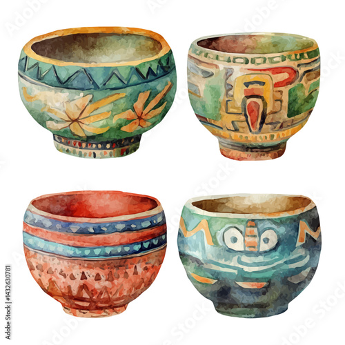 Mayan Ceramic Bowls, watercolor vector, isolated on a white background.