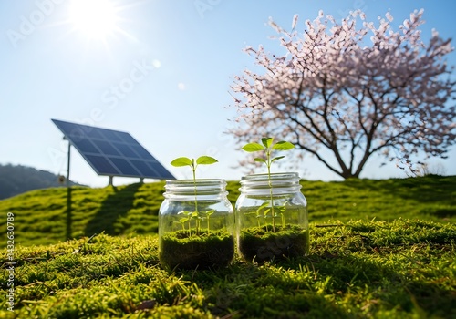 Obraz na płótnie Two young plants sprout in jars, symbolizing growth and sustainability against the backdrop of a solar panel and a blossoming tree. A hopeful image of a bright future. w salonie