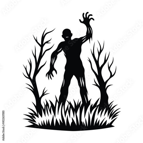 Silhouette of Swamp Monster Standing in Brush with Four Arms and Sharp Claws