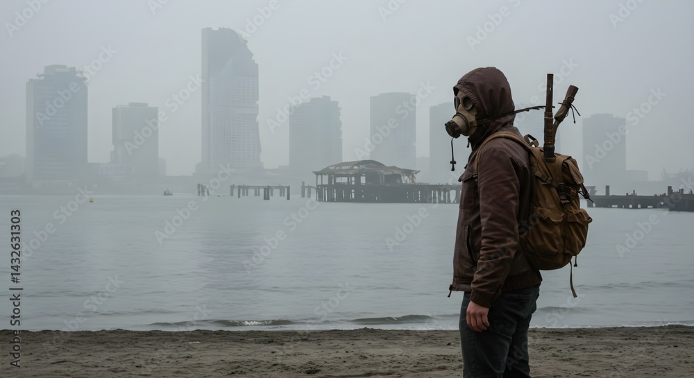 A man in a gas mask stands on a beach, gazing at a hazy cityscape. A post-apocalyptic scene.